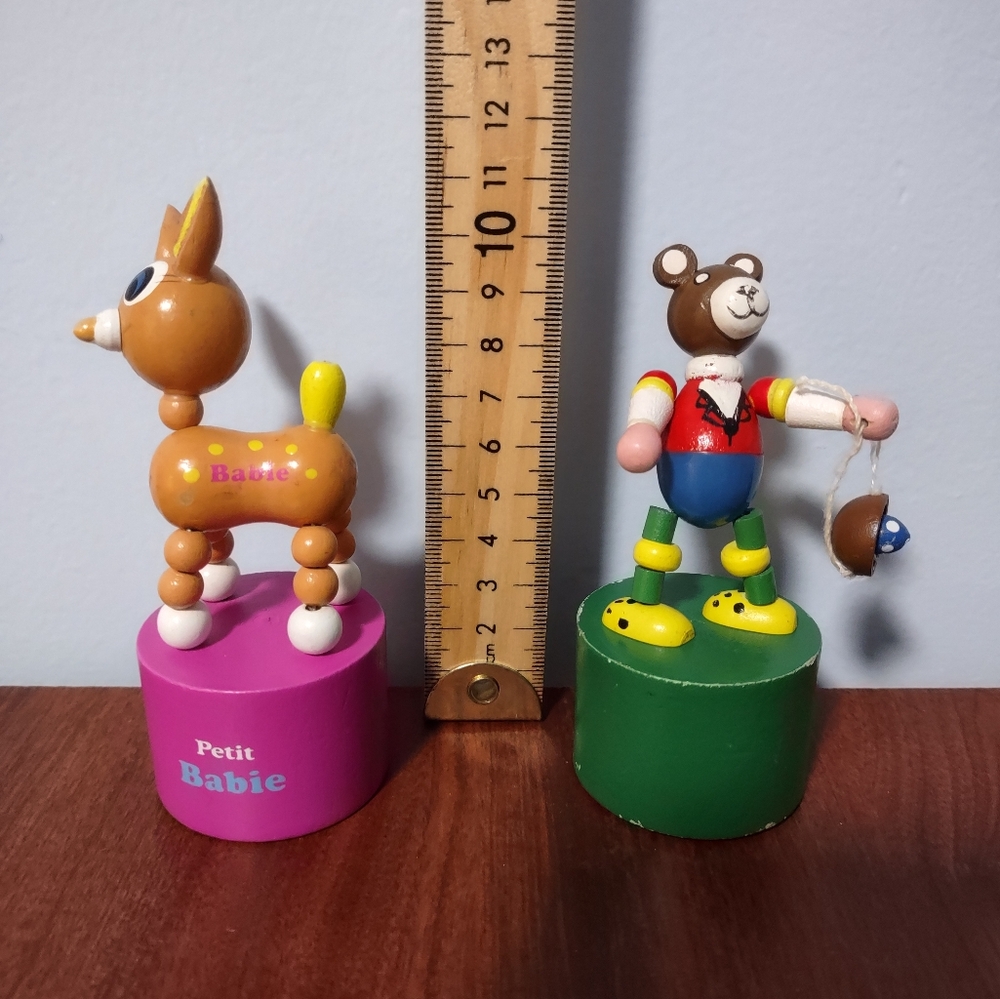 2 Vintage Wood Collapsible Thumb Push Up Button Puppet Toys